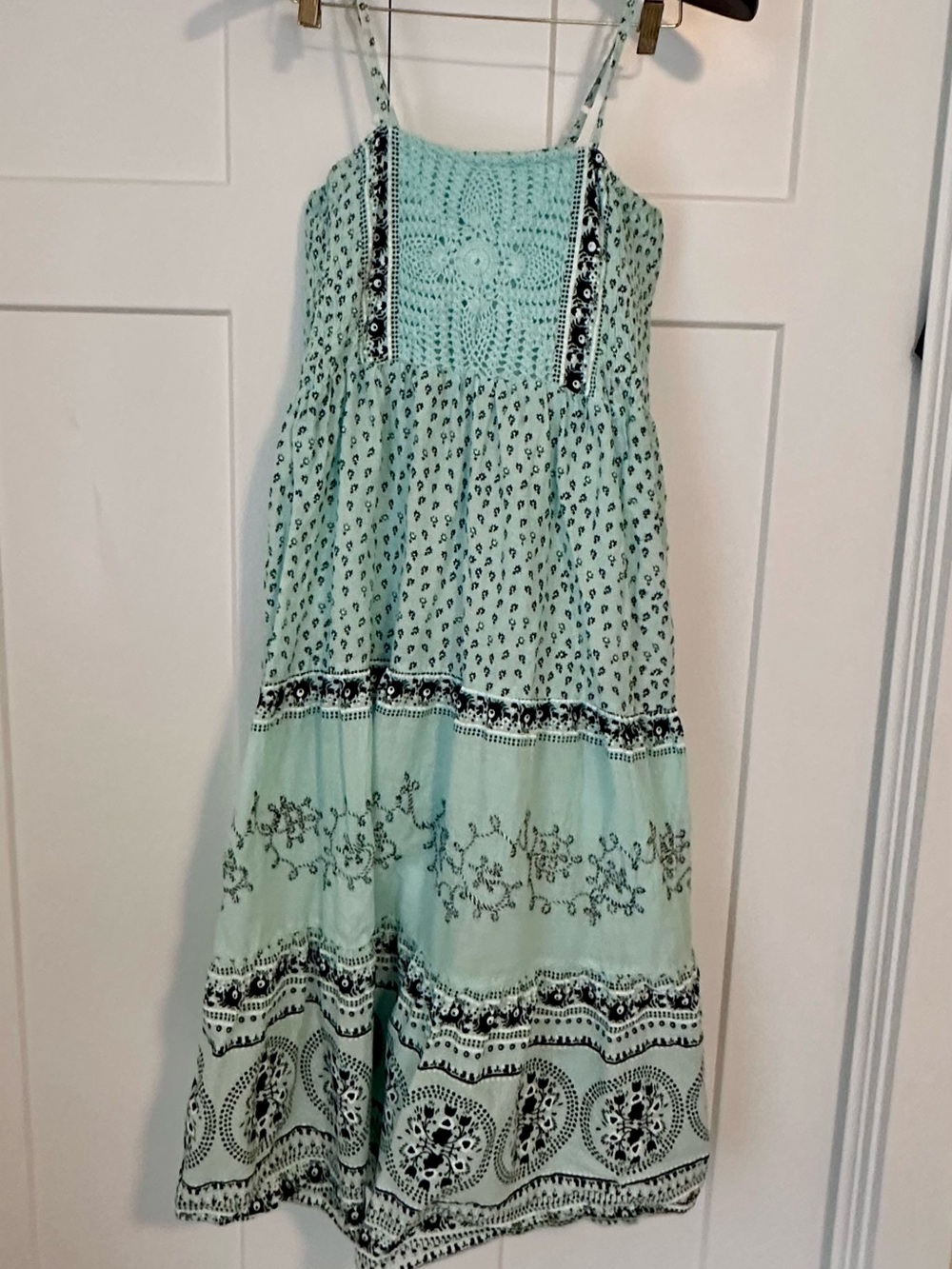 Women’s Mint Green Crochet-Top Sundress with Boho Print L